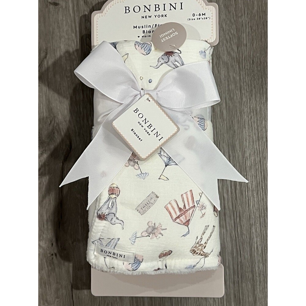 Bonbini Baby Blanket Muslin Fleece Soft Lining Circus Theme Elephant Giraffe New